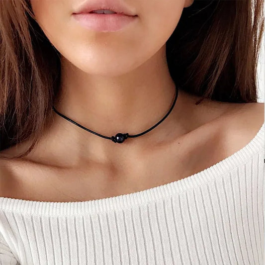 Leather Pearl Choker Necklace